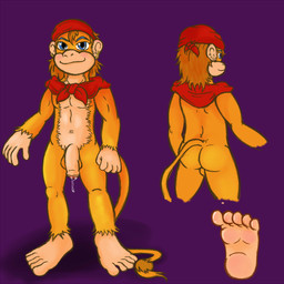alternate_species anthro balls barefoot biped bodily_fluids clothing dripping feet flaccid foreskin front_view genital_fluids genitals humanoid_genitalia humanoid_penis kerchief male mostly_nude partially_retracted_foreskin penis precum purple_background rear_view simple_background smile solo standing seamaster six_(monferno) haplorhine mammal monkey primate 1:1 hi_res model_sheet