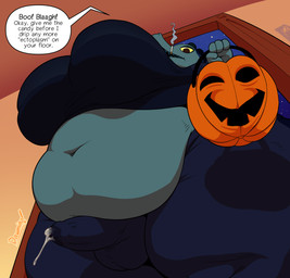 4_fingers anthro belly big_belly big_breasts blue_body bodily_fluids bottomwear breasts bulge cigarette clothed clothing crop_top crossgender cum cum_in_clothing cum_through_clothing deep_navel detailed_bulge dialogue fingers genital_fluids genital_outline gynomorph holding_object huge_breasts ineffective_clothing intersex looking_at_viewer looking_down low-angle_view midriff navel non-mammal_breasts obese obese_anthro obese_gynomorph obese_intersex overweight overweight_anthro overweight_gynomorph overweight_intersex pants penis_outline shirt smoking solo speech_bubble talking_to_viewer text thick_thighs tight_bottomwear tight_clothing tight_pants topwear wet wet_clothing wide_hips yellow_sclera dawmino night_in_the_woods bea_santello crocodile crocodilian reptile scalie 2019 digital_media_(artwork) english_text hi_res signature