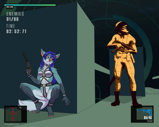 4_toes 5_fingers anthro armor blue_hair breasts butt chastity_belt chastity_bra chastity_device crouching duo feet female fingers fur gameplay_mechanics grey_body grey_fur gui gun hair handgun health_bar hiding hindpaw humanoid_hands male multicolored_body multicolored_fur nude nude_anthro nude_female paws pistol ranged_weapon text timer toes two_tone_body two_tone_fur virtual_reality waiting weapon white_body white_fur evangellos helen_(evangellos) canid canine canis lizard mammal reptile scalie wolf english_text hi_res
