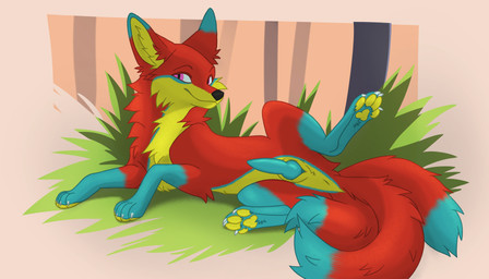 animal_genitalia black_nose blue_hands blue_markings blue_tail_tip claws dipstick_tail feral fur genital_slit genitals hair inner_ear_fluff knot knotted_penis lying_on_ground male markings multi_tail multicolored_body multicolored_fur on_ground pawpads penis pink_eyes presenting presenting_genital_slit presenting_penis pupils raised_leg red_body red_hair red_tail simple_background slit_pupils solo spread_legs spreading tail tail_markings tapering_penis toony tuft white_claws yellow_body yellow_inner_ear_fluff yellow_pawpads red_the_kitsune red_(red_the_kitsune) canid canine fox mammal 2025 7:4 digital_media_(artwork) hi_res line_art shaded watermark