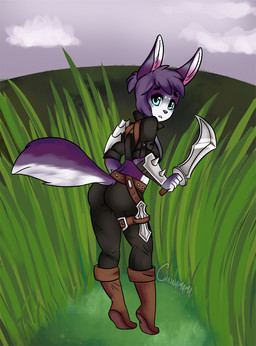 anthro armor cosplay dark female fur military purple_body purple_fur simple_background soldier solo warrior cinnamama league_of_legends riot_games tencent celia_(dfstarfield) katarina_du_couteau_(lol) canid canine fox hybrid lagomorph leporid mammal rabbit