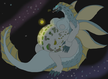 anthro biped female female_anthro floating hyper macro macro_anthro macro_female planet pregnant solo space sun tail terra_macro wings world vwpologt mythology dragon mythological_creature mythological_scalie scalie absurd_res colored hi_res