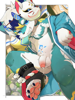 2_horns animal_mask anklet anthro balls blue_eyes blue_horn bodily_fluids clothed clothing cum cum_drip cum_on_feet cum_on_self dripping dutch_angle feet flaccid footwear foreskin fox_mask genital_fluids genitals green_body grin hair hand_on_ankle hand_on_leg horn humanoid_genitalia humanoid_penis jewelry kemono male mask mask_aside multicolored_body navel open_clothing open_robe partially_retracted_foreskin pawpads penis pubes raised_leg robe sitting smile socks solo stirrup_socks three-quarter_view two_tone_body white_body white_hair young zhongs2011 ambiguous_species 3:4