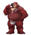 5_toes anthro asian_clothing belly big_belly bulge clothing east_asian_clothing feet fundoshi hammer humanoid_hands japanese_clothing kemono male moobs nipples overweight overweight_male red_body solo toes tools underwear white_clothing white_fundoshi white_underwear uken_l bear mammal 2022 hi_res