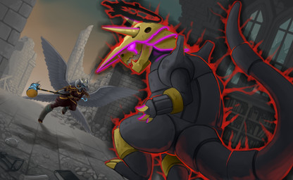 armor duo female horn male ruin weapon wings darkcat613 darkest_dungeon nintendo pokemon baphomet_(deity) folionne aggron bovid caprine caprine_demon deity demon generation_3_pokemon goat goat_demon mammal pokemon_(species) reptile scalie sheep absurd_res hi_res