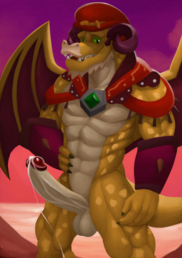 abs anthro armor balls beard big_penis bodily_fluids bracers clothing cum cum_drip curved_horn dripping erection facial_hair gem genital_fluids genitals glans green_eyes green_gem hand_on_side hat headgear headwear horn humanoid_genitalia humanoid_penis male membrane_(anatomy) membranous_wings muscular muscular_anthro muscular_male open_mouth penis red_clothing red_hat red_headwear scales sharp_teeth shoulder_cape solo standing tail teeth wings yellow_body yellow_scales kittikary activision mythology spyro_reignited_trilogy spyro_the_dragon rescued_dragons_(spyro) tomas_(spyro) dragon mythological_creature mythological_scalie scalie 2019 digital_media_(artwork) hi_res portrait three-quarter_portrait