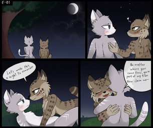 anthro blush breasts brown_body brown_fur dialogue duo female fur grey_body grey_fur hug hugging_another light male male/female moon moonlight nude nude_anthro nude_female nude_male sitting text white_body white_fur e-01 haiiroyuki_(zekeofgods) bobcat felid feline lynx mammal comic english_text hi_res