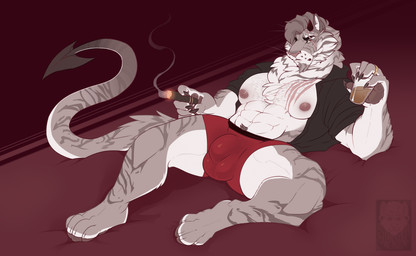 anthro balls_outline brown_body brown_fur bulge cigar clothed clothing container cup detailed_bulge drinking_glass fur genital_outline glass glass_container glass_cup holding_cigar holding_object holding_shot_glass horn lying male mature_anthro mature_male multicolored_body multicolored_fur muscular muscular_anthro muscular_male nipples on_back open_clothing open_shirt open_topwear pawpads paws pecs penis_outline red_background relaxing scar shirt shot_glass simple_background solo spade_tail striped_body striped_fur stripes tail thick_thighs topwear underwear white_body white_fur sinisterheaven demon felid mammal pantherine tiger