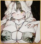 anthro blush breasts cleavage clothed clothing female gold-rimmed_board nipples one_eye_closed solo wink yellow_eyes kiichi felid feline mammal 2023 traditional_media_(artwork)