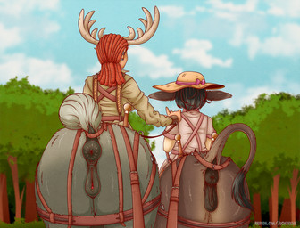 animal_genitalia animal_vulva anus black_hair butt clitoris clothing dreadlocks duo ear_piercing equine_anus equine_genitalia equine_vulva female female/female genitals hair harness hat headgear headwear horn horse_collar piercing presenting presenting_anus presenting_hindquarters puffy_anus red_hair reins tail vulva zuckergelee european_mythology greek_mythology mythology centaur donkey_taur equid equid_taur humanoid_taur mammal mammal_taur taur 2025 hi_res