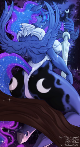 anthro armor black_markings blue_eyes blue_lips blue_nails butt clothing colored_nails cosmic_hair cosmic_tail cutie_mark ethereal_hair feathered_wings feathers female holding_melee_weapon holding_object holding_sword holding_weapon horn leotard lips looking_at_viewer looking_back looking_back_at_viewer markings melee_weapon nails night plant rear_view sitting sky solo star starry_sky sword tree weapon wings valeris friendship_is_magic hasbro my_little_pony mythology princess_luna_(mlp) equid equine mammal mythological_creature mythological_equine winged_unicorn 2025 absurd_res colored digital_drawing_(artwork) digital_media_(artwork) hi_res shaded