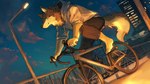 ambiguous_gender anthro barefoot bicycle black_bottomwear black_clothing black_pants blue_eyes bottomwear bridge clothing cloud feet fluffy fluffy_tail fur grey_body grey_clothing grey_fur grey_hoodie grey_topwear hoodie kemono light night outside pants sky smile snout solo star starry_sky tail topwear vehicle polp000 canid canine mammal hi_res lighting shaded