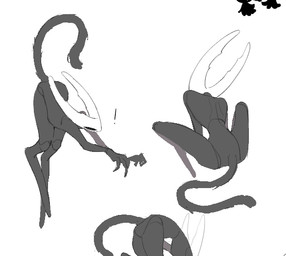 2_horns ambiguous_gender anthro arched_back ass_up black_body claws curled_tail empty_eyes exclamation_point flexible horn nude one_eye_visible pose raised_foot raised_tail rear_view simple_background sitting tail white_head milktea25424633 hollow_knight_(franchise) team_cherry hollow_knight_(character) felid feline hybrid mammal vessel_(species) full-length_portrait portrait unavailable_at_source