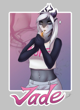 4_horns 5_fingers abstract_background anthro border bottomwear breasts cigarette cigarette_in_mouth clothed clothing collarbone countershade_face countershade_neck countershade_torso countershading crop_top crystal crystal_horn curved_horn eyebrows eyelashes female fingers floating_horn front_view grey_body grey_border grey_countershading hair holding_lighter holding_object horn lighter lighting_cigarette looking_at_viewer medium_breasts medium_hair midriff mouth_closed multi_horn narrowed_eyes navel navel_piercing non-mammal_breasts non-mammal_navel object_in_mouth piercing pseudo_horn shirt simple_background smoking snout snout_from_the_front solo sparkles text text_on_clothing text_on_shirt text_on_topwear topwear white_bottomwear white_clothing white_eyes white_hair white_shirt white_topwear jadedragoness european_mythology mythology itasa_(jadedragoness) dragon mythological_creature mythological_scalie scalie western_dragon wingless_dragon 2017 character_name digital_media_(artwork) digital_painting_(artwork) half-length_portrait hi_res painting_(artwork) portrait shaded signature