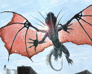 black_body black_scales blade blue_sky building claws exoskeleton fangs flying light membrane_(anatomy) membranous_wings scales sky solo spines sun sunlight tail tail_blade teeth weapon_tail wings tina_leyk alien_(franchise) alien xenomorph 2003 signature