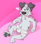 anthro black_nose briefs briefs_only clothed clothing detailed_background floppy_ears fur grey_body grey_fur grey_pawpads half-closed_eyes heart_symbol male markings monotone_briefs monotone_clothing monotone_underwear narrowed_eyes pawpads pink_background shadow simple_background sitting smile solo spots spotted_markings tighty_whities toony topless underwear underwear_only white_briefs white_clothing white_underwear mushketeery benny_(hryanart) canid canine canis domestic_dog mammal hi_res