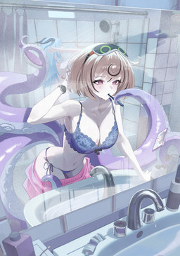bare_shoulders bathroom bathroom_sink big_breasts blindfold blonde_hair blue_bra blue_clothing blue_hair blue_panties blue_underwear blush bow_(feature) bra breasts brush brushing brushing_teeth cellphone clock clothed clothing collarbone comb_(brush) duo electronics eyemask eyewear female glistening glistening_hair hair hair_between_eyes hairbrush highlights_(coloring) horn leaning leaning_forward long_hair mask mirror navel panties partially_clothed phone pointy_ears prick_ears purple_eyes short_hair sleep_mask solo_focus tentacles underwear video_call watch wet wristwatch dolgom mihoyo zenless_zone_zero belle_(zenless_zone_zero) lucia_elowen yidhari_murphy animal_humanoid aquatic aquatic_humanoid bovid bovid_humanoid caprine caprine_humanoid cephalopod cephalopod_humanoid goat_humanoid human humanoid mammal mammal_humanoid mollusk mollusk_humanoid octopus_humanoid absurd_res hi_res
