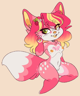 accessory anthro blush blush_lines breasts chibi fawn_spots female genitals hair hair_accessory multicolored_hair nipples nude pink_hair simple_background small_breasts smile solo two_tone_hair vulva wide_hips ribr0t jubilee_(ribr0t) canid canine fox mammal red_fox true_fox colored_sketch digital_media_(artwork) sketch