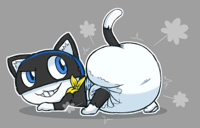 all_fours anthro ass_up black_body black_fur blue_eyes butt chibi clean_diaper clothing diaper diaper_fetish fur kerchief looking_at_viewer looking_back male markings mask presenting presenting_hindquarters simple_background smile solo tail tail_markings white_body white_fur tenerius atlus megami_tensei persona_(series) persona_5 sega morgana_(persona) domestic_cat felid feline felis mammal tuxedo_cat digital_media_(artwork) hi_res