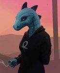 2018 4_fingers anthro bea_santello black_clothing blue_eyes cigarette claws clothed clothing crocodile crocodilian crocodylid detailed_background digital_media_(artwork) female fingers green_body green_scales hand_behind_back hi_res holding_object hoodie looking_at_viewer night_in_the_woods reptile scales scalie scavy solo standing topwear twilight