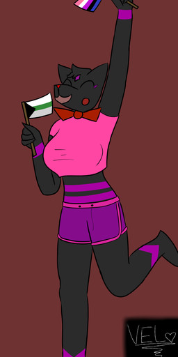 accessory anthro belly blush bottomwear bow_(feature) bow_accessory bow_tie breasts bulge celebration cheek_blush clothed clothing crop_top demiromantic_pride_colors detailed_bulge dolphin_shorts eyes_closed flag fur genderfluid_pride_colors genital_outline gynomorph happy intersex lgbt_pride open_mouth penis_outline pride_color_flag pride_colors purple_stripes raised_arms shirt shorts simple_background solo stripes topwear vel_(artist) lgbt_pride_month vel_(vel) canid canine felid feline fox humanoid hybrid mammal absurd_res digital_media_(artwork) hi_res genderfluid_(lore)