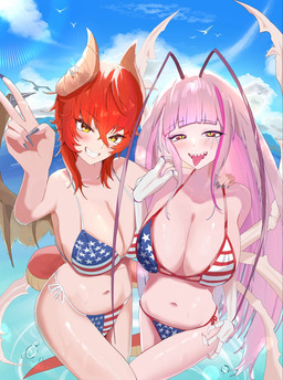 3_fingers 5_finger_fingering american_flag american_flag_bikini antennae_(anatomy) beach big_breasts bikini breasts clothing cloud duo female fingers flag_bikini flag_swimwear gesture hair hand_gesture horn long_hair looking_at_viewer nails pink_hair red_eyes red_hair sea sharp_nails sharp_teeth smile sun_glare swimwear tail teeth two-piece_swimsuit united_states_of_america v_sign water wet wet_body yellow_eyes arata_art888 mythology vtuber matara_kan zentreya arthropod blattodean cockroach dragon humanoid insect mythological_creature mythological_scalie scalie hi_res
