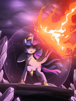 crown crystal cutie_mark electricity feathered_wings feathers female feral fire fur glowing gold_(metal) hair headgear horn inside magic multicolored_hair purple_body purple_eyes purple_feathers purple_fur purple_hair rock shield solo sparkles two_tone_hair underground wings ruhje friendship_is_magic hasbro my_little_pony mythology twilight_sparkle_(mlp) equid equine mammal mythological_creature mythological_equine winged_unicorn 2014 hi_res