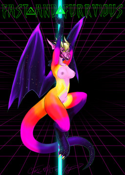 anthro breasts dancing digitigrade female genitals horn looking_at_viewer membrane_(anatomy) membranous_wings nipple_piercing nipples non-mammal_breasts non-mammal_nipples piercing pole pole_dancing purple_eyes solo tail vulva wide_hips wings yellow_sclera ctrl_alt_nut mythology dragon mythological_creature mythological_scalie scalie