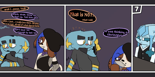 angry annoyed anthro anthrofied blue_body blue_sclera border clothed clothing collar dark_sclera dialogue ear_piercing ear_ring facial_piercing female fishnet_clothing fur furniture grey_border group growling hair hand_on_table headgear headwear hoop_ear_ring inside lip_piercing looking_away male one_eye_obstructed open_mouth piercing purple_eyes ring_piercing simple_background table tail text topwear trio vest white_eyes wide_eyed yellow_eyes gazaster nintendo pokemon aubrey/swatch_(gazaster) gams_(gazaster) lex_(gazaster) canid canine eeveelution felid feline generation_2_pokemon generation_4_pokemon glaceon mammal pokemon_(species) shinx smeargle 2025 comic digital_media_(artwork) english_text hi_res signature nonbinary_(lore)