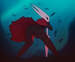 anthro arthropod black_body clothed clothing eggnog_(artist) female hollow_knight horn hornet_(hollow_knight) insect looking_back partially_clothed rear_view red_clothing solo team_cherry weapon wind