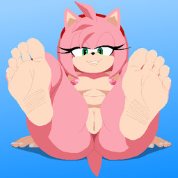 anthro bare_hands barefoot blue_background breasts butt eyelashes feet female fingernails foot_focus genitals green_eyes humanoid_feet legs_up looking_at_viewer nails narrowed_eyes nipples nude nude_female pink_body pink_nipples plantigrade simple_background sitting smile smiling_at_viewer smirk smirking_at_viewer solo spread_legs spreading tail tan_body tan_skin vulva cardboardsoda sega sonic_the_hedgehog_(series) amy_rose eulipotyphlan hedgehog mammal digital_media_(artwork) pixel_(artwork)