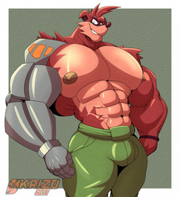 anthro big_muscles big_pecs biped bulge clothing fur huge_muscles huge_pecs hyper hyper_muscles hyper_pecs male male_anthro muscular muscular_anthro muscular_male pecs red_body red_fur shirt smile smiling_at_viewer smirk smirking_at_viewer solo topwear okrizo831 activision crash_bandicoot_(series) crunch_bandicoot bandicoot mammal marsupial hi_res