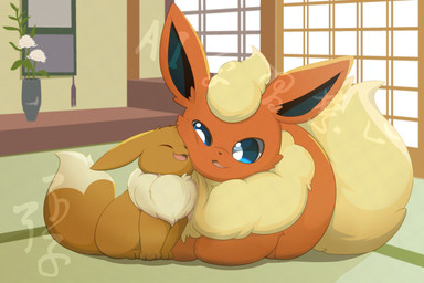 ambiguous_gender duo eyes_closed feral fur inside kemono nuzzling orange_body orange_fur hirochanu nintendo pokemon eevee eeveelution flareon generation_1_pokemon pokemon_(species) 2026 3:2 hi_res
