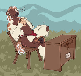 anthro chair clothing desk fur furniture g-string hooves humming male mane mottled mottled_body mottled_fur outside piebald piebald_body piebald_fur relaxing solo sunbathing table tail therapist therapist_is_in underwear kinksiyo murphythehonse clydesdale draft_horse equid equine horse mammal hi_res