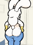 anthro big_butt blue_bottomwear blue_clothing blue_jeans blue_pants bodily_fluids bottomwear breasts butt clothed clothing denim denim_bottomwear denim_clothing faceless faceless_character faceless_female female fur hair handwear jeans mature_female mittens pants rear_view scut_tail short_tail slightly_chubby slightly_chubby_female solo struggling struggling_to_fit sweat tail thick_thighs tight_bottomwear tight_clothing tight_jeans tight_pants topless undersized_clothing white_body white_fur white_hair yellow_clothing yellow_handwear yellow_mittens bunsandnoble phoebe_(bunsandnoble) lagomorph leporid mammal rabbit animated short_playtime