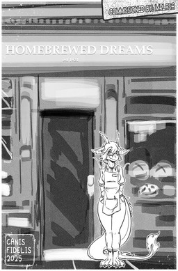 2_horns anthro apron barbel_(anatomy) biped bottomwear cafe claws clothed clothing eyewear female flesh_whiskers front_view glasses hands_behind_back horn looking_at_viewer outside pants rectangular_glasses shirt solo standing tail tail_tuft text toe_claws topwear tuft wearing_glasses canisfidelis mythology dragon mythological_creature mythological_scalie scalie 2025 alternate_version_at_source english_text hi_res monochrome