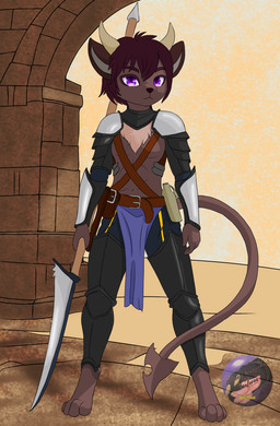 anthro armor belt bite fennatim horn male melee_weapon paws polearm ruins sand solo spear tail weapon 6inferno inferno_neteri_(6inferno) hi_res