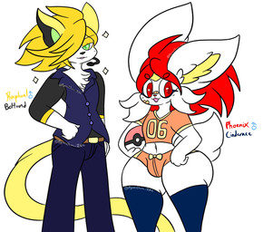 anthro belt blonde_hair bottomwear bulge clothing duo electronics femboy green_eyes hair hotpants legwear male microphone midriff navel pants pokeball red_eyes red_hair shirt shorts simple_background stockings thigh_highs topwear white_background white_body lewdchuu nintendo pokemon phoenix_fyra_(lewdchuu) boltund canid canine cinderace generation_8_pokemon lagomorph leporid mammal pokemon_(species) rabbit hi_res