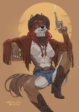 anthro belt boots bottomwear braided_hair breasts buckle clothing denim denim_bottomwear denim_clothing denim_shorts female footwear gun hair kerchief nipples ranged_weapon shoes shorts smoke solo tassels weapon fur_fruit hi_res signature