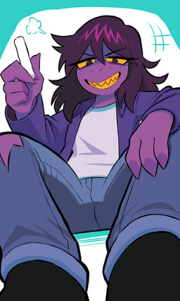 anthro chalk clothed clothing eyelashes female footwear freckled_face freckles hair holding_object long_eyelashes non-mammal_hair purple_body shoes simple_background sitting solo teeth tomboy yellow_teeth fawken deltarune undertale_(series) susie_(deltarune) reptile scalie digital_media_(artwork)