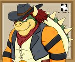 anthro armband ascot clothed clothing cowboy_hat evil_grin fangs hair hat headgear headwear horn male mouth_closed shell shirt smile solo spiked_shell spikes spikes_(anatomy) teeth topwear vest zangokunatenshi mario_bros nintendo bowser koopa scalie 2024 half-length_portrait hi_res portrait signature