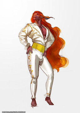 5_fingers anthro athletic athletic_anthro athletic_male belt big_bulge bottomwear bulge clothed clothing dancing fantasy fingers hair long_hair male male_anthro open_clothing open_shirt open_topwear orange_hair pants pants_only pecs pose red_body shirt solo suit topless topless_male topwear white_bottomwear white_clothing white_jumpsuit white_pants white_suit yellow_belt purplebirdman mythology avalon_(purplebirdman) dragon mythological_creature mythological_scalie reptile scalie snake 2026 colored colored_sketch digital_drawing_(artwork) digital_media_(artwork) full-length_portrait hi_res portrait sketch