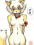 3:4 :3 accessory anthro arm_bow blue_eyes bow_(feature) bow_accessory breasts dialogue digital_media_(artwork) domestic_cat extended_arms featureless_breasts felid feline felis female gift gift_in_mouth hair kemono looking_at_viewer mammal mo-hiro mouth_hold musical_note musical_symbol nude object_in_mouth oekaki pictographics red_bow seductive solo speech_bubble symbol tail white_hair