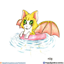 3_toes feet female fur green_eyes patreon_logo patreon_username smile solo text toes water wings yellow_body yellow_fur yordraw dust:_an_elysian_tail patreon fidget_(elysian_tail) bat felid feline mammal nimbat hi_res traditional_media_(artwork) url