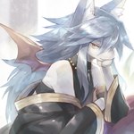 anthro arm_support asian_clothing bat_wings biped clothed clothing east_asian_clothing femboy front_view fully_clothed fur gold_(metal) gold_jewelry grey_body grey_ears grey_fur grey_hair hair half-closed_eyes humanoid_hands inner_ear_fluff japanese_clothing jewelry kemono kimono long_hair looking_at_viewer male membrane_(anatomy) membranous_wings monotone_hair multicolored_body multicolored_fur narrowed_eyes necklace plant red_wings sitting smile snout solo three-quarter_view translucent translucent_wings tuft two_tone_body two_tone_fur white_body white_fur white_inner_ear white_inner_ear_fluff wings yellow_eyes whitexterior facyl_(whitexterior) canid canine hybrid mammal 1:1 half-length_portrait portrait