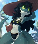 anthro black_hair breasts clothed clothing crop_top female green_body green_eyes green_scales hair hat headgear headwear long_tail midriff non-mammal_breasts outside scales shark_tooth_necklace shirt small_breasts small_waist smile solo sun sun_glare sun_hat swimwear tail thick_tail topwear drawligator alligatorid caiman crocodilian reptile scalie hi_res