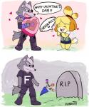 anthro black_nose bodily_fluids clothing crying dark_humor death dialogue duo eyes_closed female flower footwear fur grass grey_body grey_fur heart_symbol humor male plant sad shirt shoes smile smoke standing tail tail_motion tailwag tears teeth text tombstone topwear yellow_body yellow_fur karbuitt animal_crossing nintendo star_fox isabelle_(animal_crossing) wolf_o'donnell canid canine canis domestic_dog mammal shih_tzu toy_dog wolf crossover english_text hi_res meme