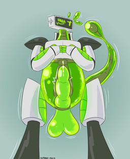 anthro blush bodily_fluids dripping genital_fluids genitals glistening glistening_body goo_body leaking_precum machine male metallic_body nervous nervous_smile penis precum precum_drip presenting presenting_balls presenting_penis screen screen_face shaking slime solo standing trembling skullshepard trelli_(skullshepard) goo_creature humanoid robot synth_(vader-san) hi_res
