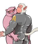 anthro awkward bodily_fluids butt butt_grab clothing duo hand_on_butt latex latex_clothing latex_skinsuit male male/male rubber_clothing skinsuit sweat tight_clothing hyenaface nintendo star_fox andrew_oikonny pigma_dengar domestic_pig haplorhine macaque mammal monkey old_world_monkey primate suid suina sus_(pig) hi_res