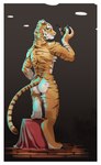 anthro box butt container inside looking_back male nude nude_male raised_knee simple_background smile solo standing hitherto felid mammal pantherine tiger 2025 digital_media_(artwork) digital_painting_(artwork) hi_res painting_(artwork)